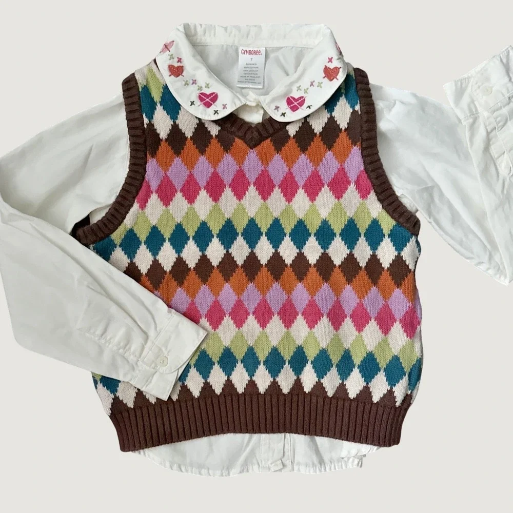 Gymboree 2-piece Cotton Long Sleeve Button Up Shirt & Sweater Vest Set Girls 7